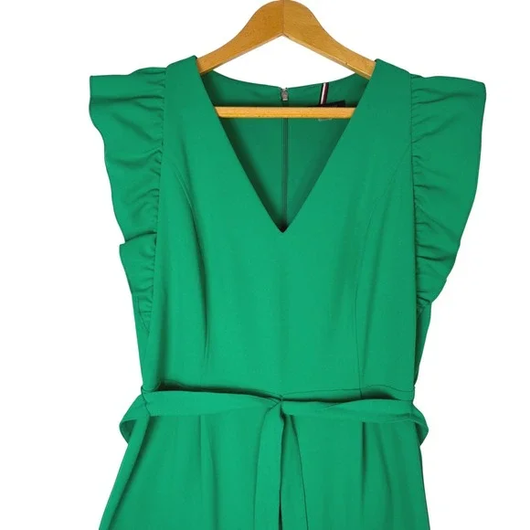 Tommy Hilfiger Green Jumpsuit Women's Ruffle Sleeve V Neck Belted Size 12 - Picture 4 of 16
